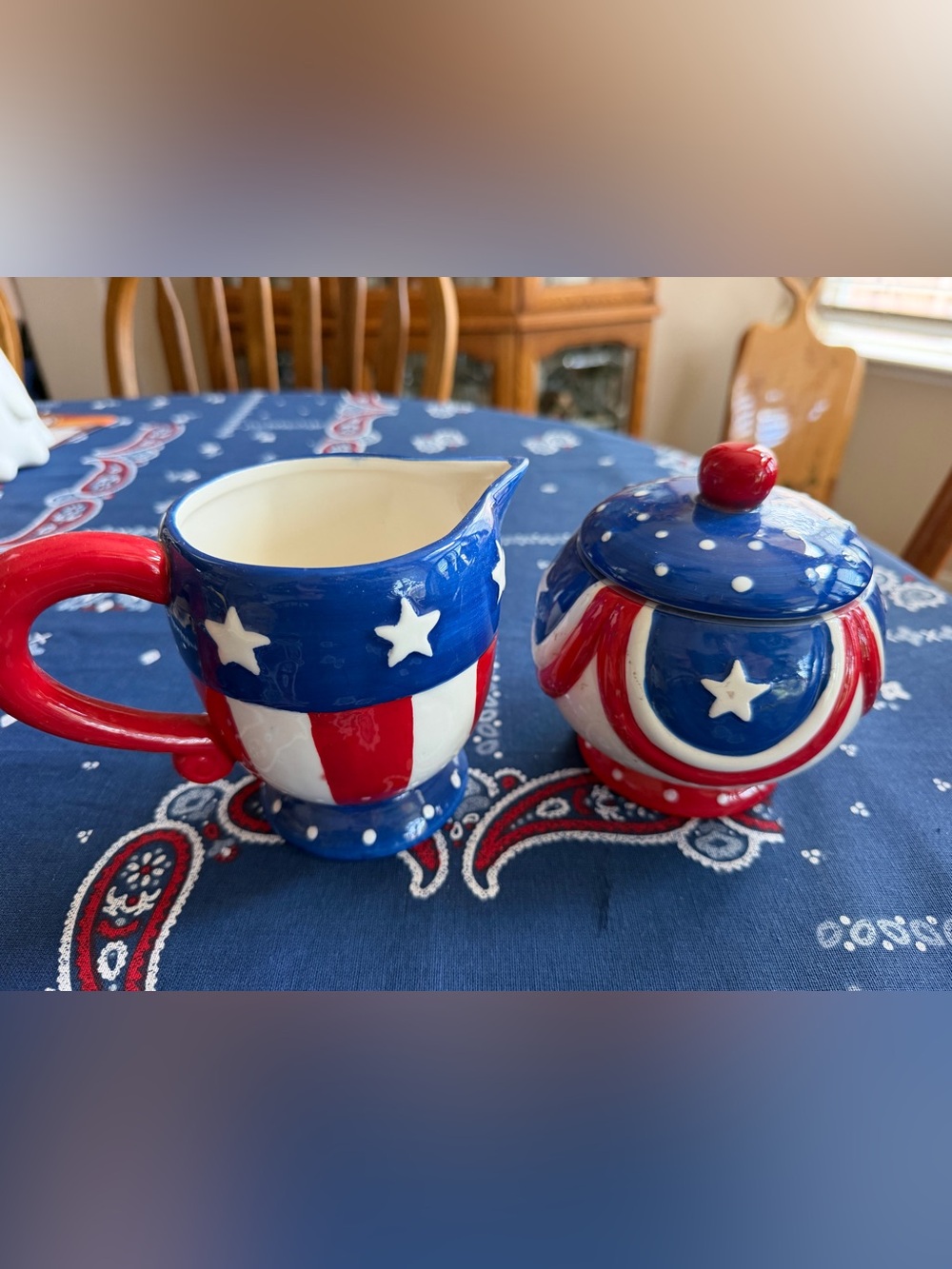 Johanna Parker Red White & Blue Ceramic Creamer and Sugar Set